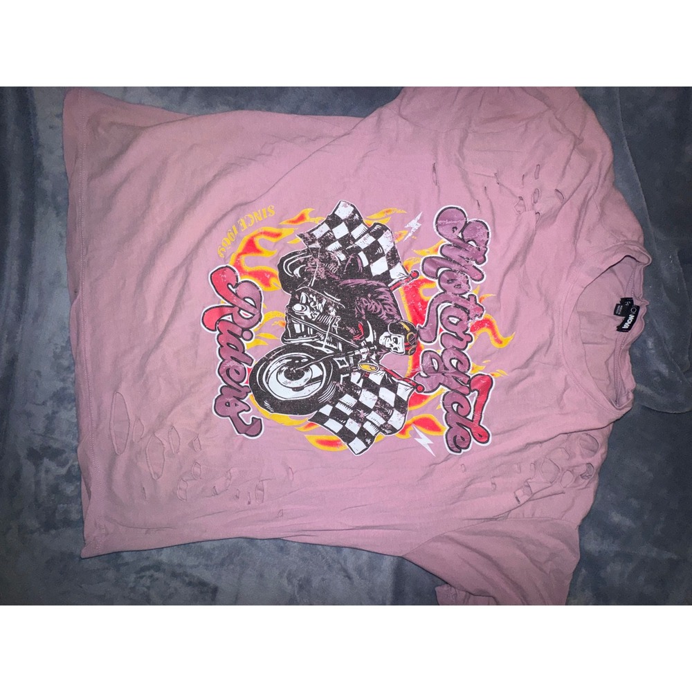 Fashion Nova Motorcycle Riders Distressed Graphic Tee Pink Mauve Short Sleeve S